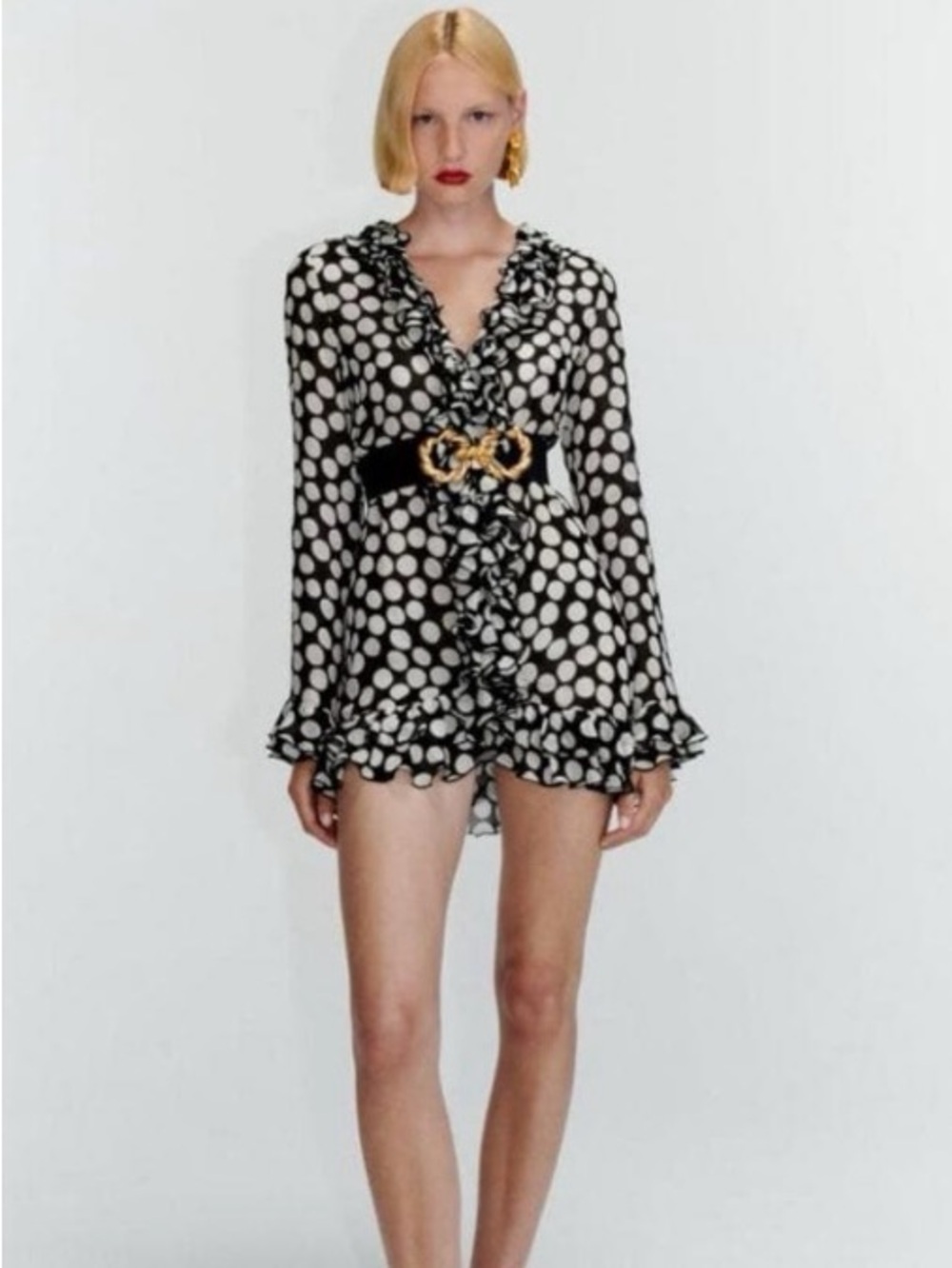NWT Zara Sheer Black & White Polka Dot Ruffle Blouse | Feminine Romantic Size XS
